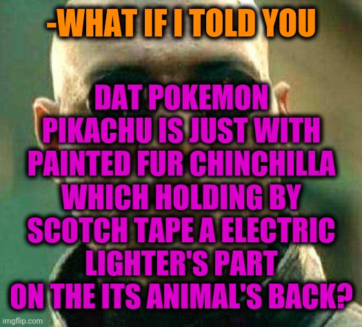 -How to accept the separated nuances? | DAT POKEMON PIKACHU IS JUST WITH PAINTED FUR CHINCHILLA WHICH HOLDING BY SCOTCH TAPE A ELECTRIC LIGHTER'S PART ON THE ITS ANIMAL'S BACK? -WHAT IF I TOLD YOU | image tagged in what if i told you,pokemon go,surprised pikachu,matrix morpheus,cute animals,pikachu learned stab | made w/ Imgflip meme maker