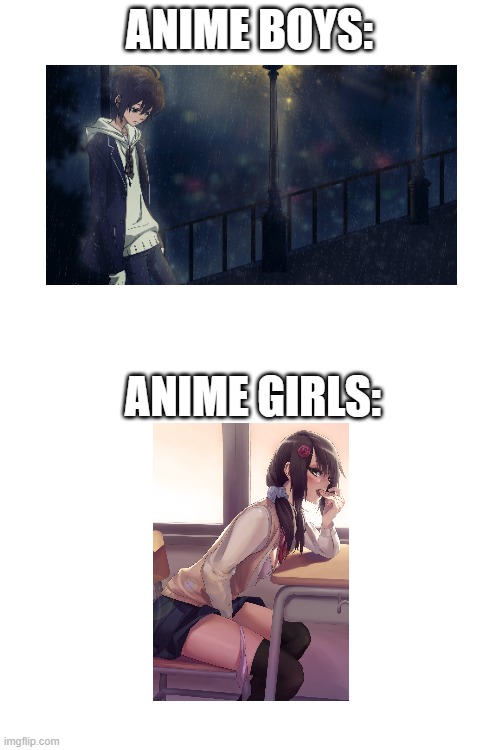 can anyone relate?? | ANIME BOYS:; ANIME GIRLS: | image tagged in blank white template,anime,boys vs girls,japan | made w/ Imgflip meme maker