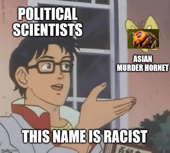 It just wants a hug! | POLITICAL SCIENTISTS; ASIAN MURDER HORNET; THIS NAME IS RACIST | image tagged in memes,is this a pigeon | made w/ Imgflip meme maker