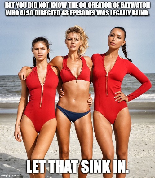 Did you know? | BET YOU DID NOT KNOW THE CO CREATOR OF BAYWATCH WHO ALSO DIRECTED 43 EPISODES WAS LEGALLY BLIND. LET THAT SINK IN. | image tagged in baywatch | made w/ Imgflip meme maker