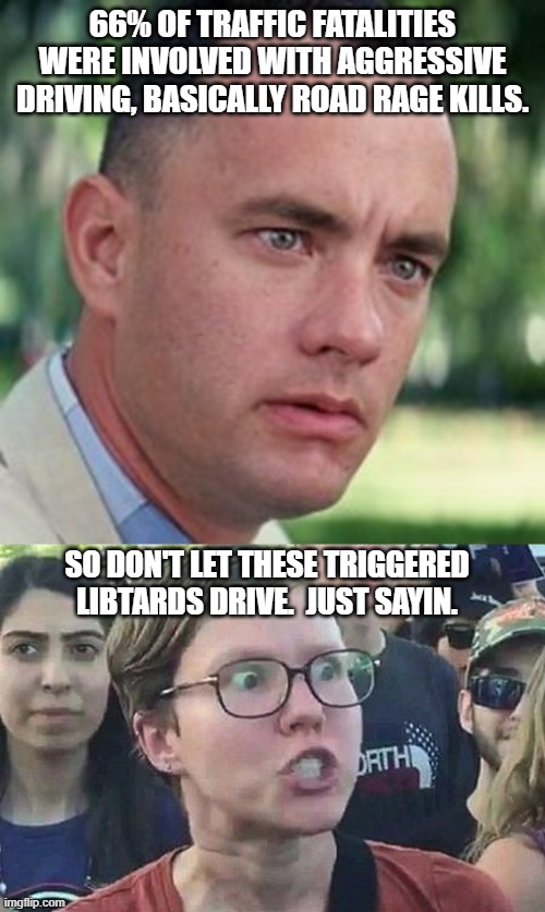 Things you did not know. | 66% OF TRAFFIC FATALITIES WERE INVOLVED WITH AGGRESSIVE DRIVING, BASICALLY ROAD RAGE KILLS. SO DON'T LET THESE TRIGGERED LIBTARDS DRIVE.  JUST SAYIN. | image tagged in triggered liberal,forrest gump i'm not a smart man | made w/ Imgflip meme maker