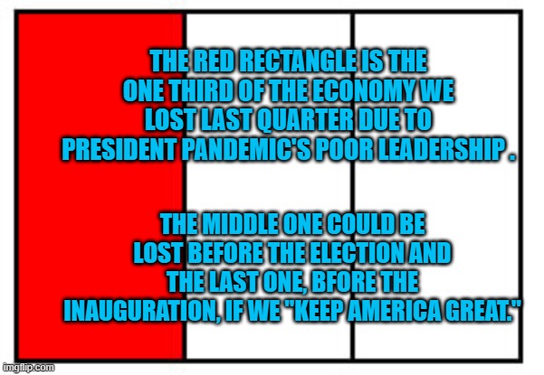 President Pandemic's "Great Shrinking Economy." | THE RED RECTANGLE IS THE ONE THIRD OF THE ECONOMY WE LOST LAST QUARTER DUE TO PRESIDENT PANDEMIC'S POOR LEADERSHIP . THE MIDDLE ONE COULD BE LOST BEFORE THE ELECTION AND THE LAST ONE, BFORE THE INAUGURATION, IF WE "KEEP AMERICA GREAT." | image tagged in politics | made w/ Imgflip meme maker