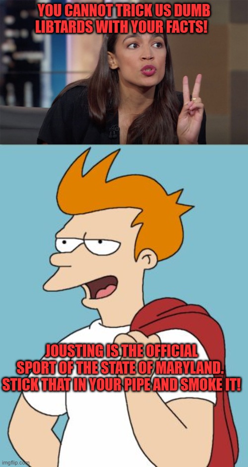 YOU CANNOT TRICK US DUMB LIBTARDS WITH YOUR FACTS! JOUSTING IS THE OFFICIAL SPORT OF THE STATE OF MARYLAND.  STICK THAT IN YOUR PIPE AND SMOKE IT! | image tagged in confident fry,alexandria ocasio-cortez | made w/ Imgflip meme maker