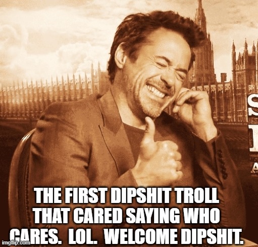 laughing | THE FIRST DIPSHIT TROLL THAT CARED SAYING WHO CARES.  LOL.  WELCOME DIPSHIT. | image tagged in laughing | made w/ Imgflip meme maker