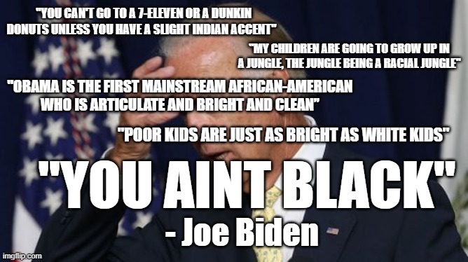 Joe Biden worries | "YOU CAN'T GO TO A 7-ELEVEN OR A DUNKIN DONUTS UNLESS YOU HAVE A SLIGHT INDIAN ACCENT" "YOU AINT BLACK" "MY CHILDREN ARE GOING TO GROW UP IN | image tagged in joe biden worries | made w/ Imgflip meme maker