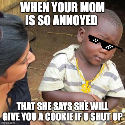 sad | WHEN YOUR MOM IS SO ANNOYED; THAT SHE SAYS SHE WILL GIVE YOU A COOKIE IF U SHUT UP | image tagged in memes,third world skeptical kid | made w/ Imgflip meme maker