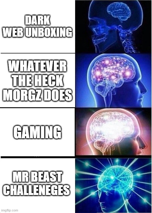 YT | DARK WEB UNBOXING; WHATEVER THE HECK MORGZ DOES; GAMING; MR BEAST CHALLENEGES | image tagged in memes,expanding brain | made w/ Imgflip meme maker