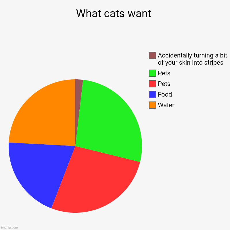 What cats want | Water, Food, Pets, Pets, Accidentally turning a bit of your skin into stripes | image tagged in charts,pie charts,cats,what cats want | made w/ Imgflip chart maker