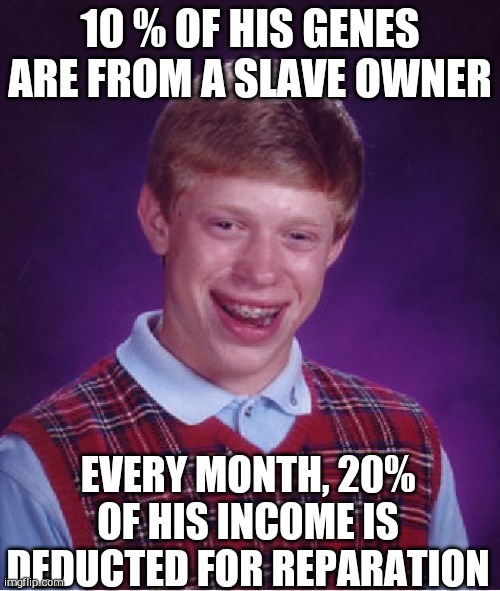 Bad Luck Brian | 10 % OF HIS GENES ARE FROM A SLAVE OWNER; EVERY MONTH, 20% OF HIS INCOME IS DEDUCTED FOR REPARATION | image tagged in memes,bad luck brian | made w/ Imgflip meme maker