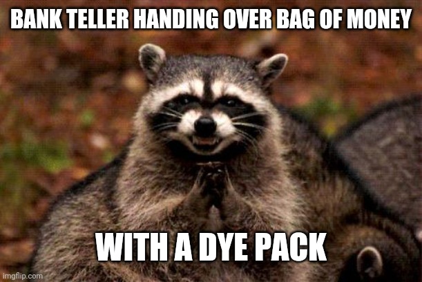 Evil Plotting Raccoon Meme | BANK TELLER HANDING OVER BAG OF MONEY WITH A DYE PACK | image tagged in memes,evil plotting raccoon | made w/ Imgflip meme maker