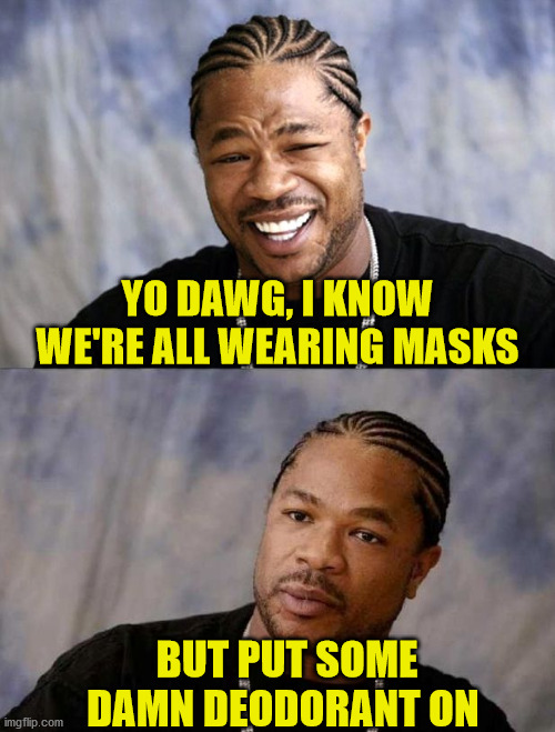 Yo Dawg Reaction | YO DAWG, I KNOW WE'RE ALL WEARING MASKS; BUT PUT SOME DAMN DEODORANT ON | image tagged in yo dawg reaction,memes,deodorant,the rock smelling,one does not simply,first world problems | made w/ Imgflip meme maker