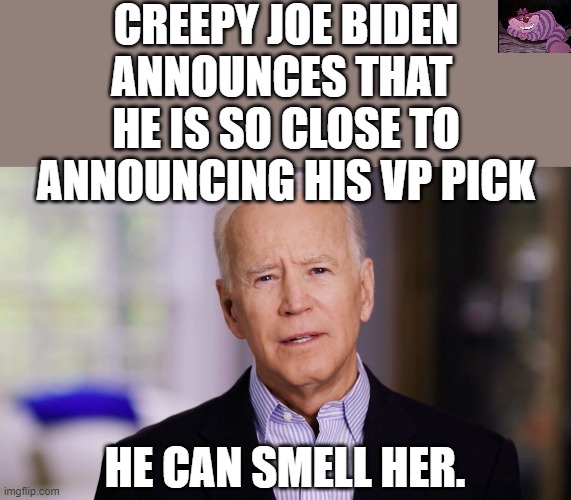 Lock up your daughters. | CREEPY JOE BIDEN ANNOUNCES THAT  HE IS SO CLOSE TO ANNOUNCING HIS VP PICK; HE CAN SMELL HER. | image tagged in joe biden 2020 | made w/ Imgflip meme maker