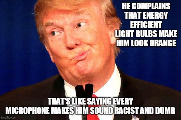 orange man | HE COMPLAINS THAT ENERGY EFFICIENT LIGHT BULBS MAKE HIM LOOK ORANGE; THAT'S LIKE SAYING EVERY MICROPHONE MAKES HIM SOUND RACIST AND DUMB | image tagged in donald trump | made w/ Imgflip meme maker