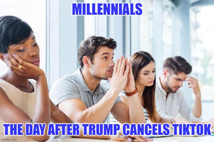 no more tiktok | MILLENNIALS; THE DAY AFTER TRUMP CANCELS TIKTOK | image tagged in bored | made w/ Imgflip meme maker