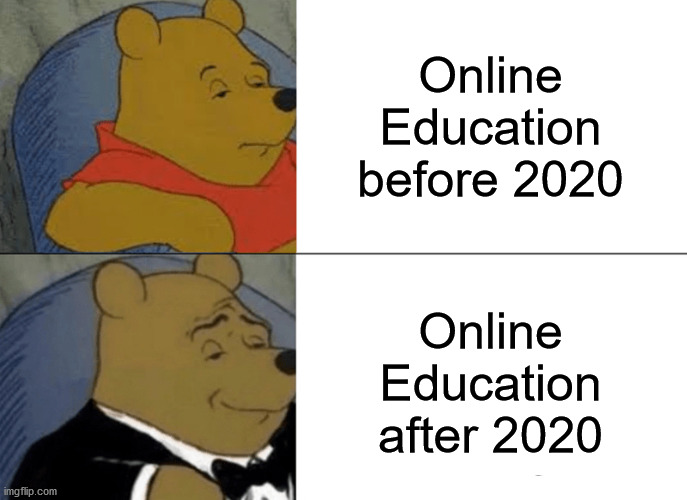 New Normal | Online Education before 2020; Online Education after 2020 | image tagged in memes,tuxedo winnie the pooh,funny because it's true | made w/ Imgflip meme maker