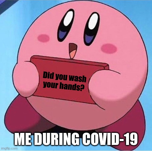Kirby holding a sign | Did you wash your hands? ME DURING COVID-19 | image tagged in kirby holding a sign | made w/ Imgflip meme maker