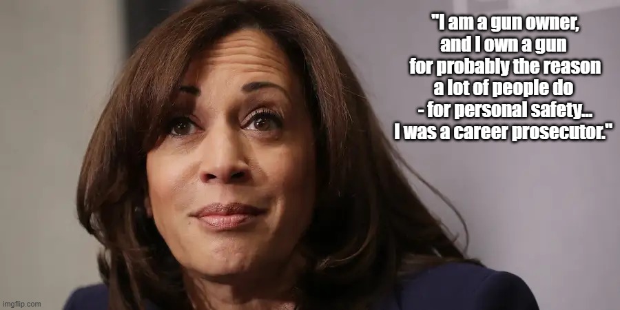 "Kamala Harris Packs" | "I am a gun owner, and I own a gun 
for probably the reason a lot of people do 
- for personal safety... I was a career prosecutor." | image tagged in kamala harris,gun owner,second amendment | made w/ Imgflip meme maker