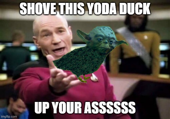 Star Trek and the Yoda Duck | SHOVE THIS YODA DUCK; UP YOUR ASSSSSS | image tagged in memes,picard wtf,yoda duckling | made w/ Imgflip meme maker
