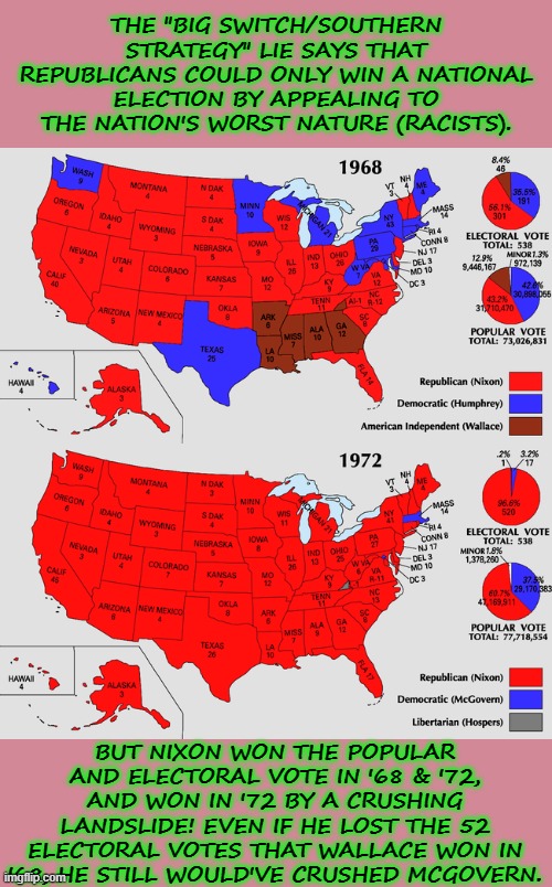 Big Switch/Southern Strategy LIE | THE "BIG SWITCH/SOUTHERN STRATEGY" LIE SAYS THAT REPUBLICANS COULD ONLY WIN A NATIONAL ELECTION BY APPEALING TO THE NATION'S WORST NATURE (RACISTS). BUT NIXON WON THE POPULAR AND ELECTORAL VOTE IN '68 & '72, AND WON IN '72 BY A CRUSHING LANDSLIDE! EVEN IF HE LOST THE 52 ELECTORAL VOTES THAT WALLACE WON IN '68, HE STILL WOULD'VE CRUSHED MCGOVERN. | image tagged in racist,racism,white supremacy,republicans,democrats,trump | made w/ Imgflip meme maker