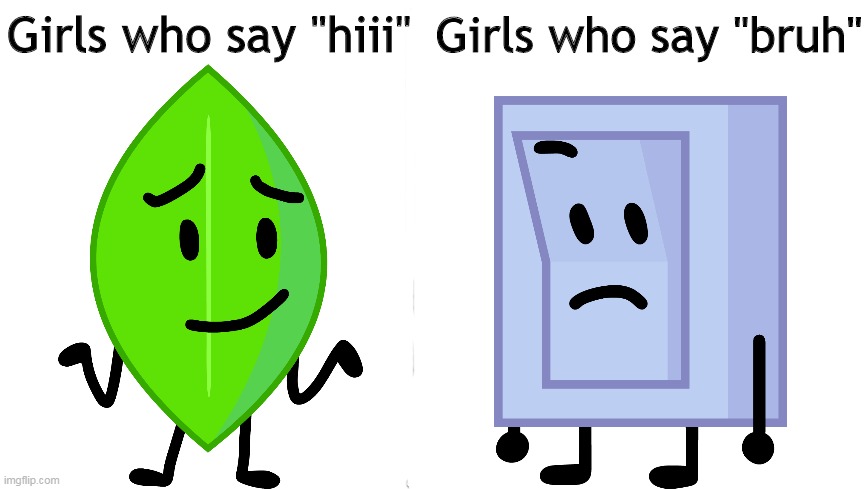 Why I made this | Girls who say "bruh"; Girls who say "hiii" | image tagged in memes,girls,bfb,bfdi,leafy,lol | made w/ Imgflip meme maker