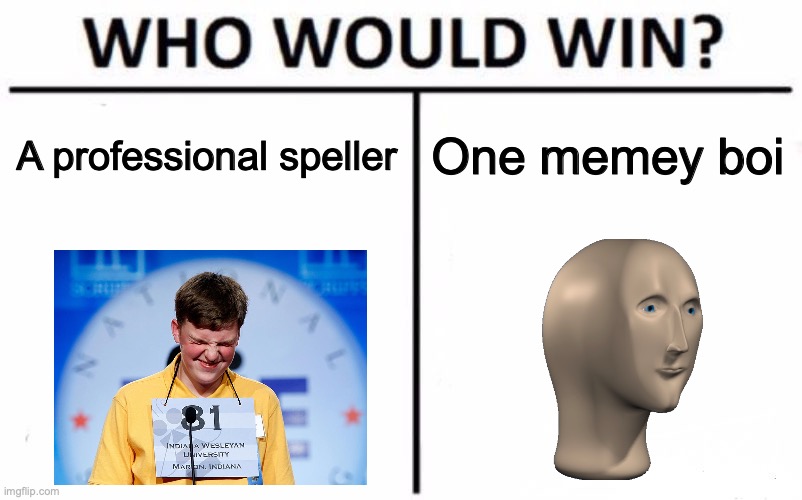 Who will win? | A professional speller; One memey boi | image tagged in memes,who would win | made w/ Imgflip meme maker