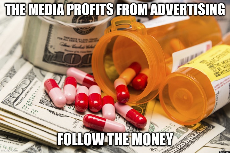 pills | THE MEDIA PROFITS FROM ADVERTISING; FOLLOW THE MONEY | image tagged in big pharma | made w/ Imgflip meme maker