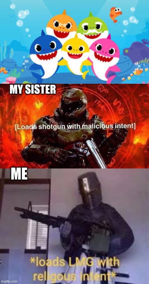 MY SISTER; ME | image tagged in loads lmg with religious intent,baby shark,guns,crusader,funny,funny memes | made w/ Imgflip meme maker