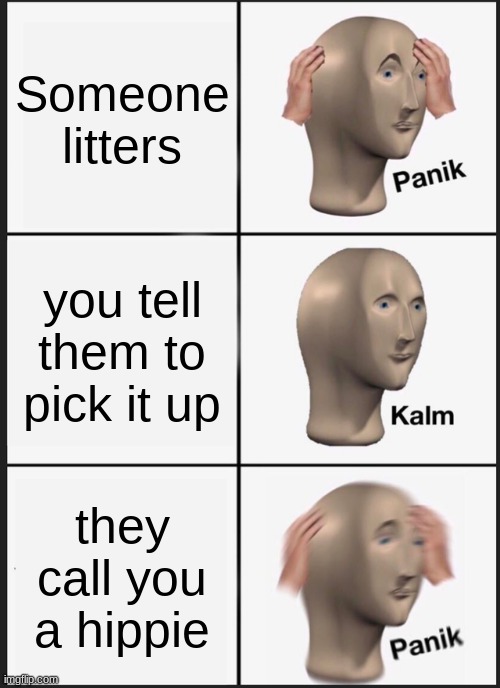 Panik Kalm Panik Meme | Someone litters; you tell them to pick it up; they call you a hippie | image tagged in memes,panik kalm panik | made w/ Imgflip meme maker