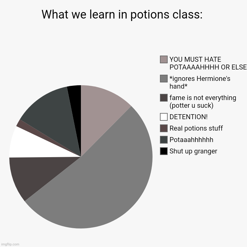 What we learn in potions class: | Shut up granger, Potaaahhhhhh, Real potions stuff, DETENTION!, fame is not everything (potter u suck), *ig | image tagged in charts,pie charts | made w/ Imgflip chart maker