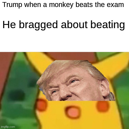 Heh | Trump when a monkey beats the exam; He bragged about beating | image tagged in memes,surprised pikachu,trump,monkey | made w/ Imgflip meme maker