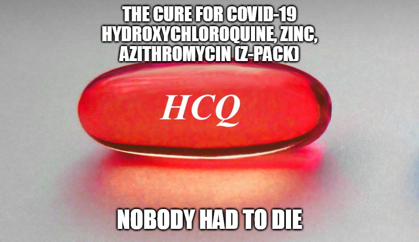 HCQ | THE CURE FOR COVID-19
HYDROXYCHLOROQUINE, ZINC,
AZITHROMYCIN (Z-PACK); NOBODY HAD TO DIE | image tagged in cure,covid-19,covid,corona,coronavirus,z-pack | made w/ Imgflip meme maker