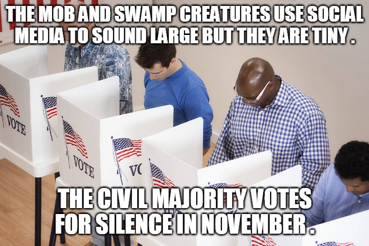 Civil Majority | THE MOB AND SWAMP CREATURES USE SOCIAL MEDIA TO SOUND LARGE BUT THEY ARE TINY . THE CIVIL MAJORITY VOTES FOR SILENCE IN NOVEMBER . | image tagged in vote,mob,voting,social media,civil majority,silence | made w/ Imgflip meme maker