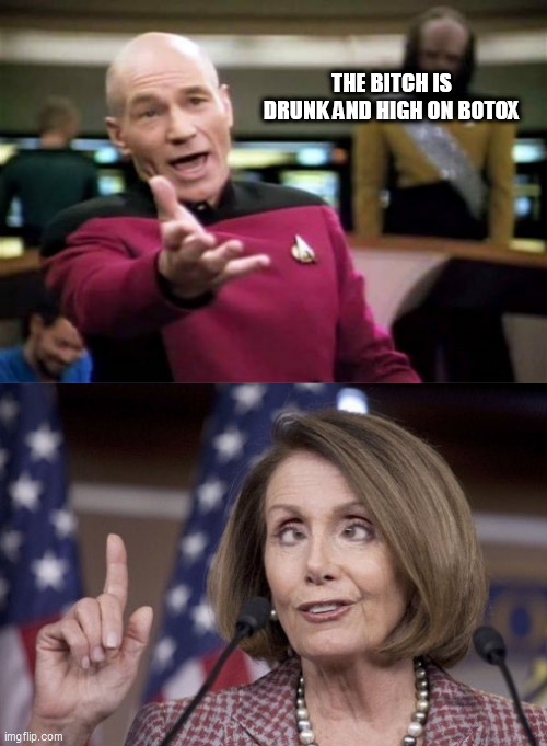 THE BITCH IS DRUNK AND HIGH ON BOTOX | image tagged in memes,picard wtf,nancy pelosi | made w/ Imgflip meme maker