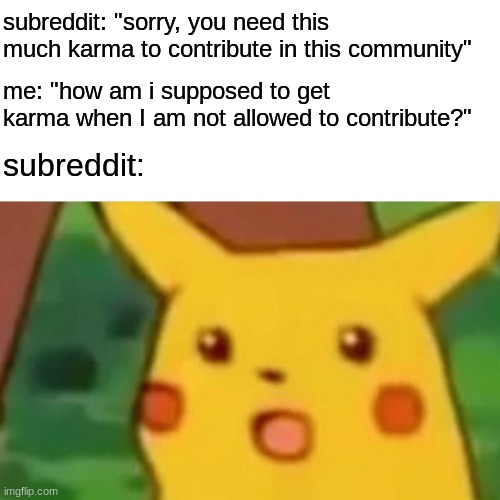 bruh its common sense | subreddit: "sorry, you need this much karma to contribute in this community"; me: "how am i supposed to get karma when I am not allowed to contribute?"; subreddit: | image tagged in memes,surprised pikachu,reddit,karma,so true memes | made w/ Imgflip meme maker