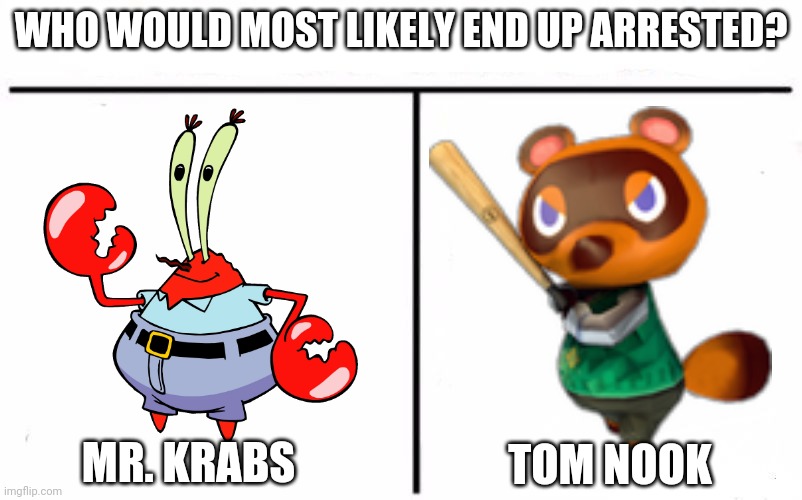 Who Would Win Blank | WHO WOULD MOST LIKELY END UP ARRESTED? MR. KRABS; TOM NOOK | image tagged in who would win blank | made w/ Imgflip meme maker