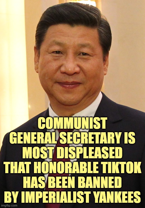 Xi Jinping | COMMUNIST GENERAL SECRETARY IS MOST DISPLEASED THAT HONORABLE TIKTOK HAS BEEN BANNED BY IMPERIALIST YANKEES | image tagged in xi jinping | made w/ Imgflip meme maker