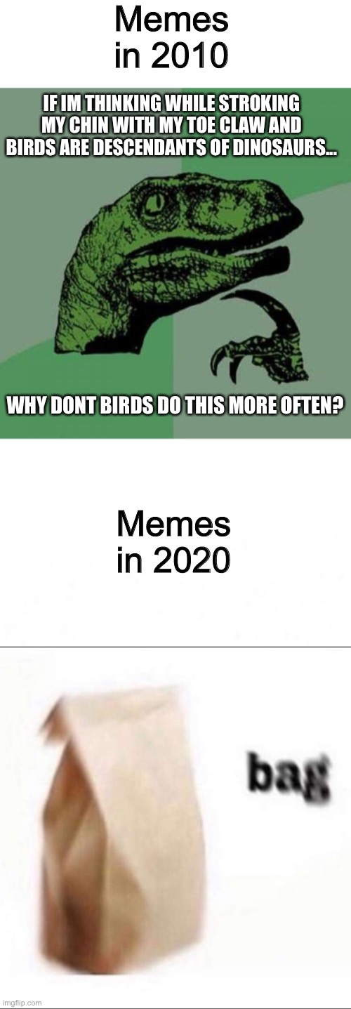 Yep, we really evolved | Memes in 2010; IF IM THINKING WHILE STROKING MY CHIN WITH MY TOE CLAW AND BIRDS ARE DESCENDANTS OF DINOSAURS... Memes in 2020; WHY DONT BIRDS DO THIS MORE OFTEN? | image tagged in memes,philosoraptor | made w/ Imgflip meme maker