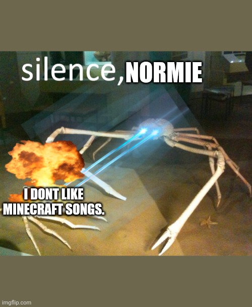 Noone: | NORMIE; I DONT LIKE MINECRAFT SONGS. | image tagged in silence crab | made w/ Imgflip meme maker