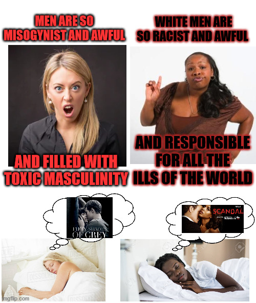 WHITE MEN ARE SO RACIST AND AWFUL; MEN ARE SO MISOGYNIST AND AWFUL; AND RESPONSIBLE FOR ALL THE ILLS OF THE WORLD; AND FILLED WITH TOXIC MASCULINITY | image tagged in women,black woman,fifty shades of grey,scandal,feminism,toxic masculinity | made w/ Imgflip meme maker