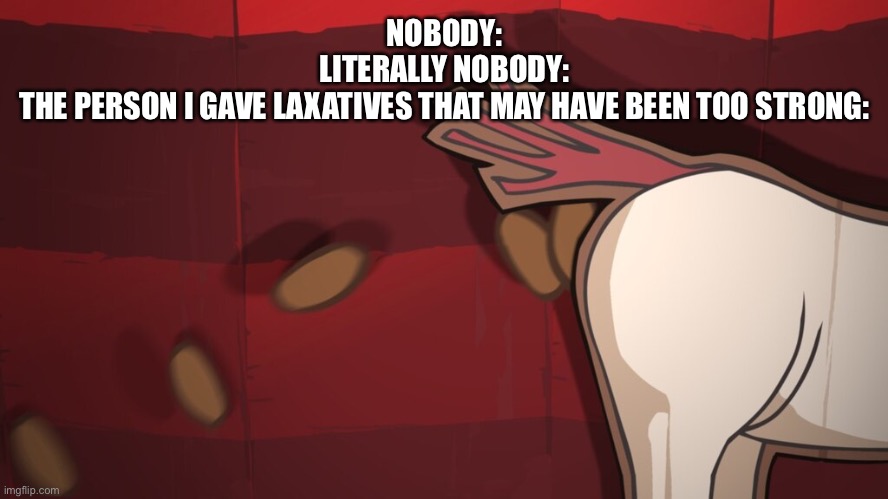 ...? | NOBODY:
LITERALLY NOBODY:
THE PERSON I GAVE LAXATIVES THAT MAY HAVE BEEN TOO STRONG: | image tagged in horse turds | made w/ Imgflip meme maker