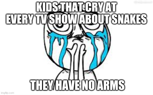 Crying Because Of Cute |  KIDS THAT CRY AT EVERY TV SHOW ABOUT SNAKES; THEY HAVE NO ARMS | image tagged in memes,crying because of cute | made w/ Imgflip meme maker