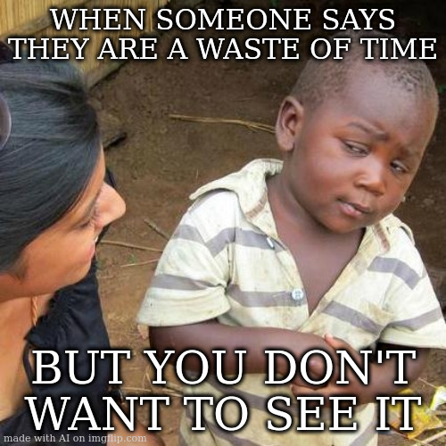 Third World Skeptical Kid Meme | WHEN SOMEONE SAYS THEY ARE A WASTE OF TIME; BUT YOU DON'T WANT TO SEE IT | image tagged in memes,third world skeptical kid | made w/ Imgflip meme maker