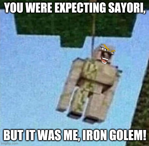 iron golem hanging | YOU WERE EXPECTING SAYORI, BUT IT WAS ME, IRON GOLEM! | image tagged in iron golem hanging | made w/ Imgflip meme maker