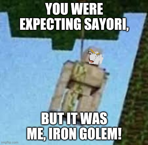 Iron Golem hanging | YOU WERE EXPECTING SAYORI, BUT IT WAS ME, IRON GOLEM! | image tagged in iron golem hanging | made w/ Imgflip meme maker