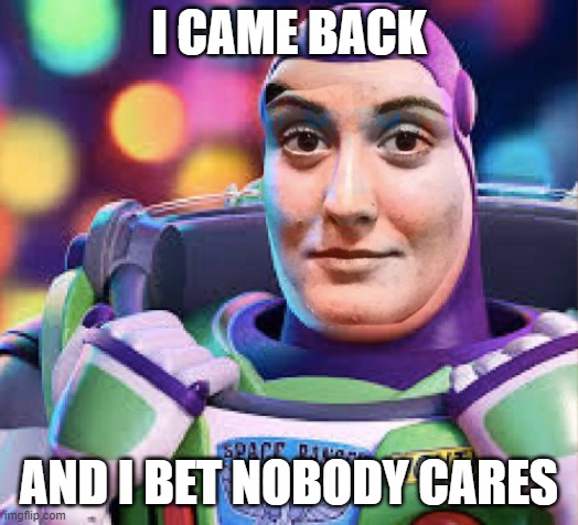 buzz stare | I CAME BACK; AND I BET NOBODY CARES | image tagged in buzz stare | made w/ Imgflip meme maker