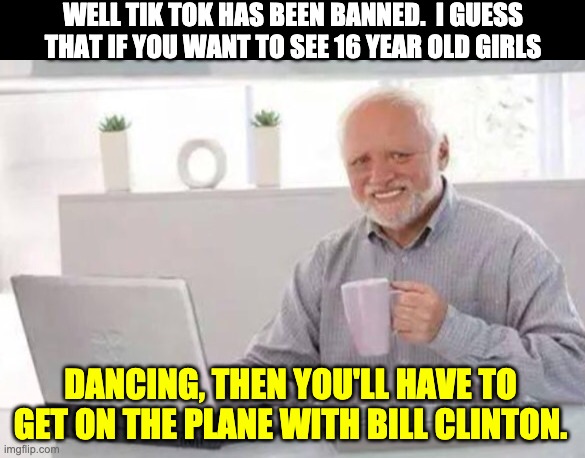 Harold | WELL TIK TOK HAS BEEN BANNED.  I GUESS THAT IF YOU WANT TO SEE 16 YEAR OLD GIRLS; DANCING, THEN YOU'LL HAVE TO GET ON THE PLANE WITH BILL CLINTON. | image tagged in harold | made w/ Imgflip meme maker