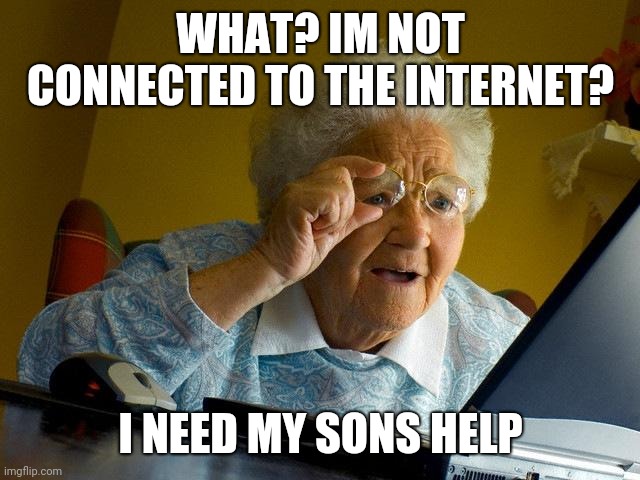 No Internet | WHAT? IM NOT CONNECTED TO THE INTERNET? I NEED MY SONS HELP | image tagged in memes,grandma finds the internet | made w/ Imgflip meme maker