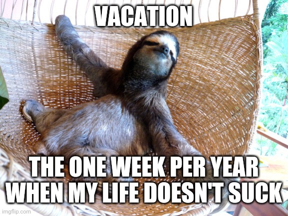 vacation | VACATION; THE ONE WEEK PER YEAR WHEN MY LIFE DOESN'T SUCK | image tagged in vacation,funny,meme,funny memes,sloth,funny meme | made w/ Imgflip meme maker