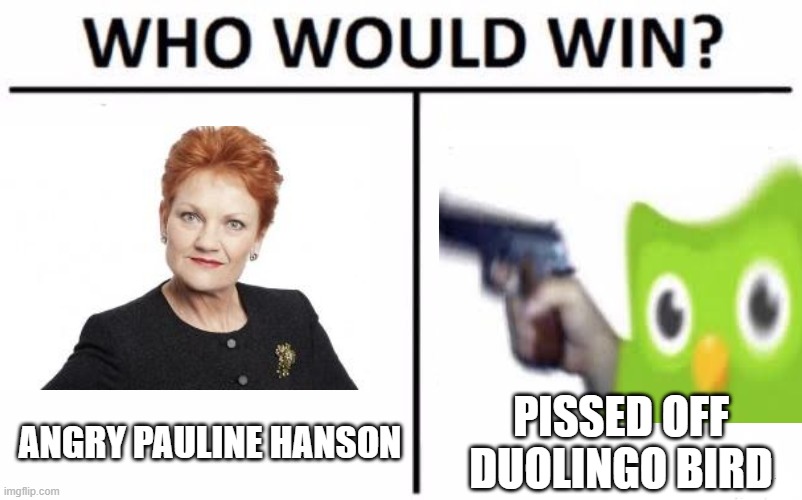 surely the duolingo bird :) | ANGRY PAULINE HANSON; PISSED OFF DUOLINGO BIRD | image tagged in memes,who would win | made w/ Imgflip meme maker