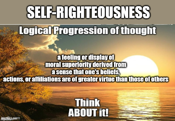Self-Righteousness | a feeling or display of moral superiority derived from a sense that one's beliefs, actions, or affiliations are of greater virtue than those of others; SELF-RIGHTEOUSNESS | image tagged in self righteous,dumb,stupid,knowing,election | made w/ Imgflip meme maker
